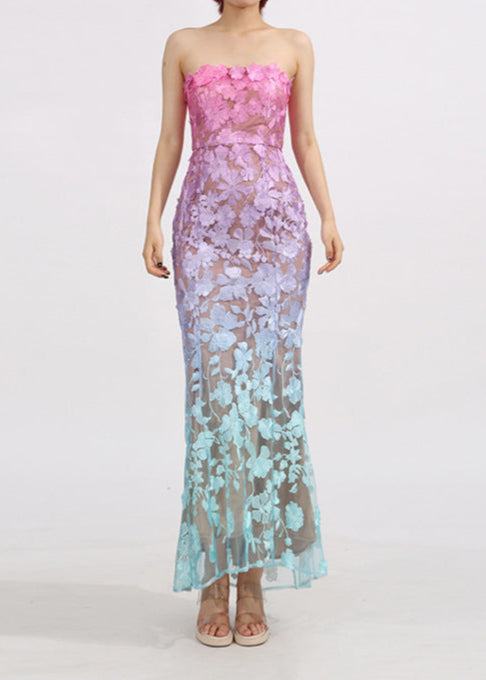 Jryxan Strapless Gradient Floral Maxi Dress