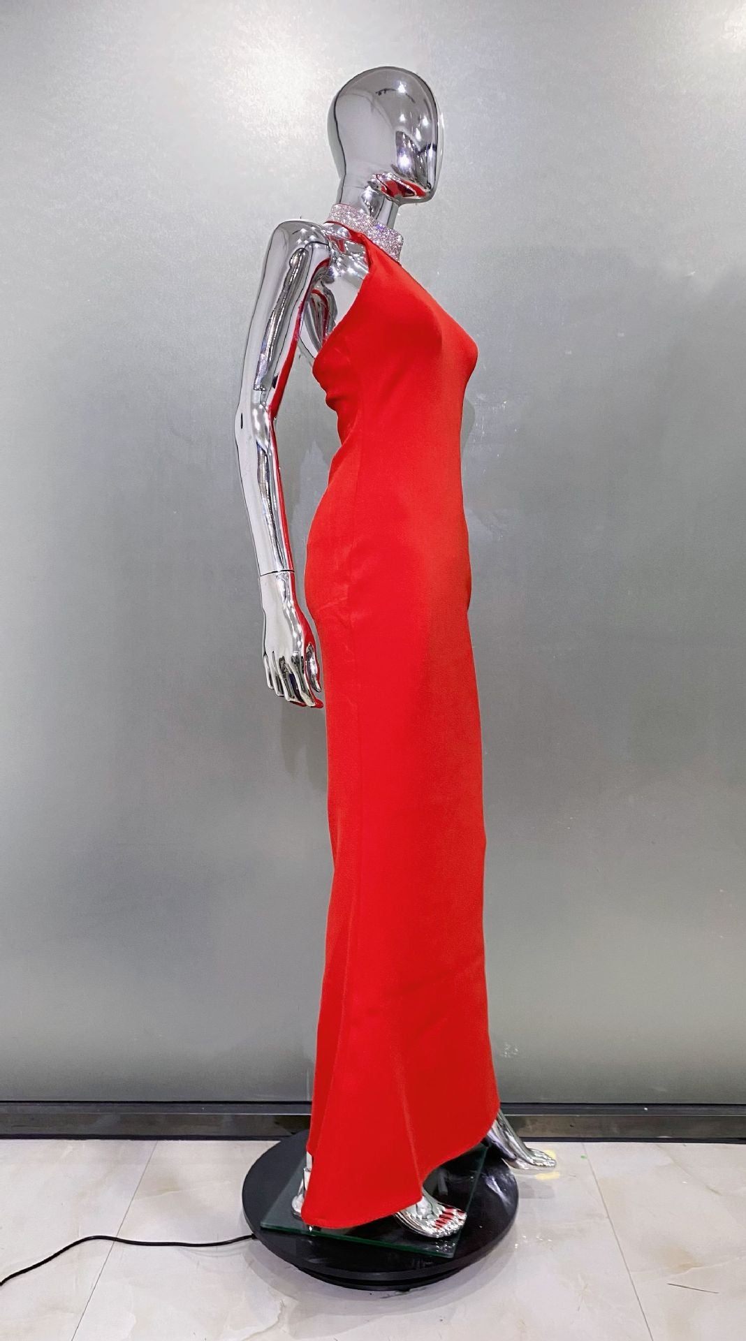 Cathey Crystal Halter Sleeveless Bodycon Maxi Dress In Red