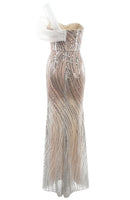 Faroald One Shoulder Crystal Bustier Sequin Maxi Dress In White Nude