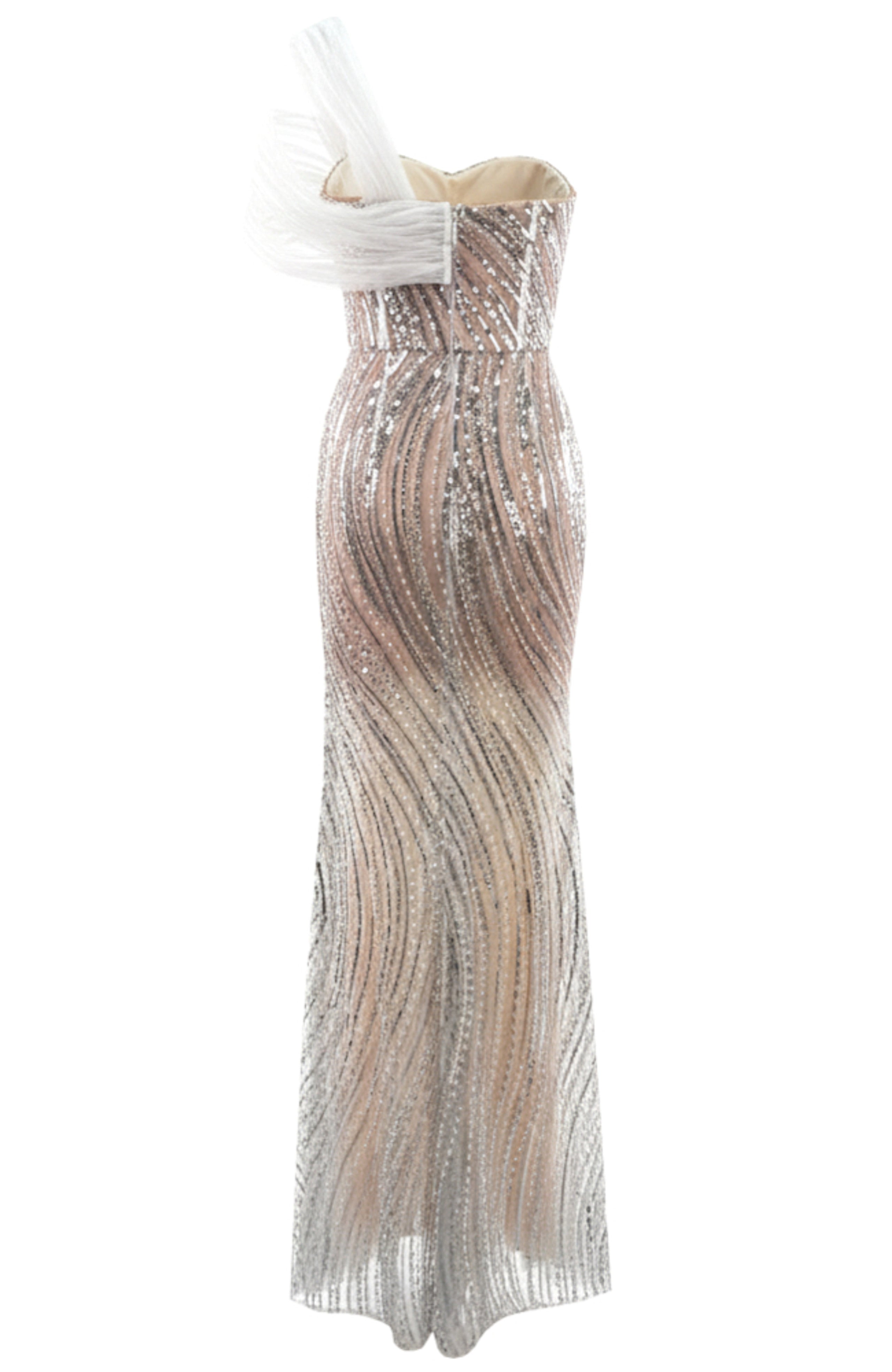 Faroald One Shoulder Crystal Bustier Sequin Maxi Dress In White Nude