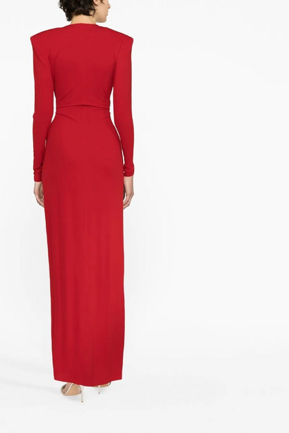 Furly Long Sleeve Ring V-Neck Maxi Dress In Red