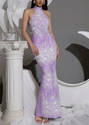 Alsatia Halter Pearl Sequin Embellished Maxi Dress In Lavender
