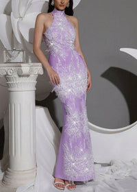 Alsatia Halter Pearl Sequin Embellished Maxi Dress In Lavender