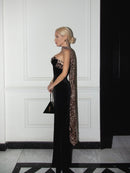 Jyressa Strapless Animal Print Bustier Maxi Velvet Dress In Black