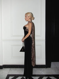Jyressa Strapless Animal Print Bustier Maxi Velvet Dress In Black