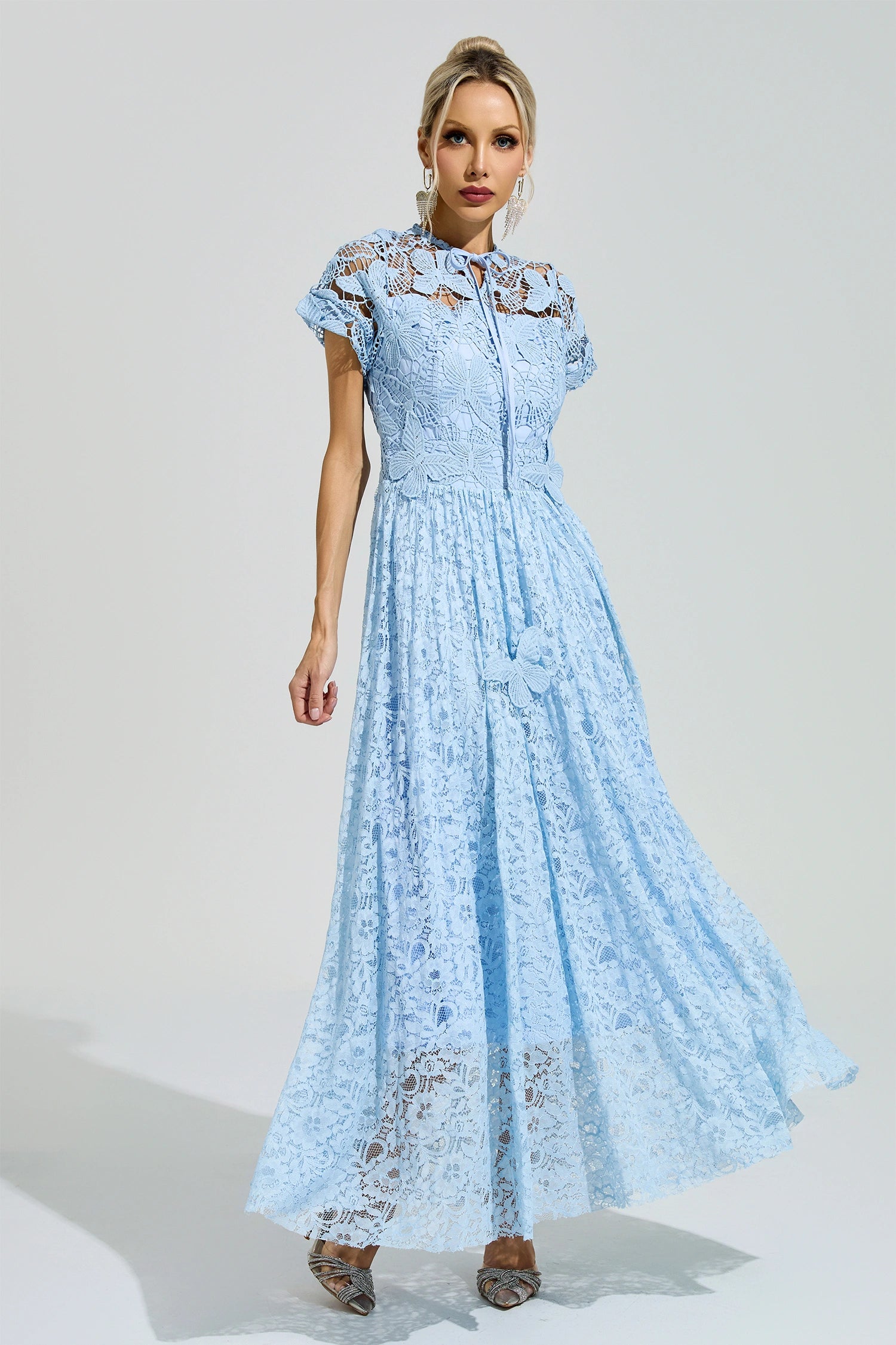 Praevik Blue Lace Floral Maxi Dress