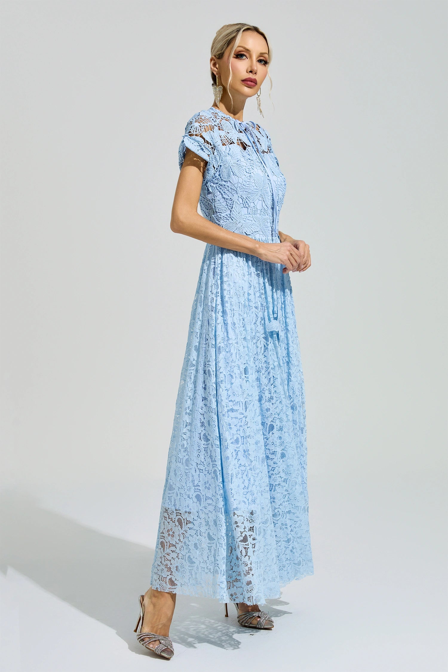 Praevik Blue Lace Floral Maxi Dress