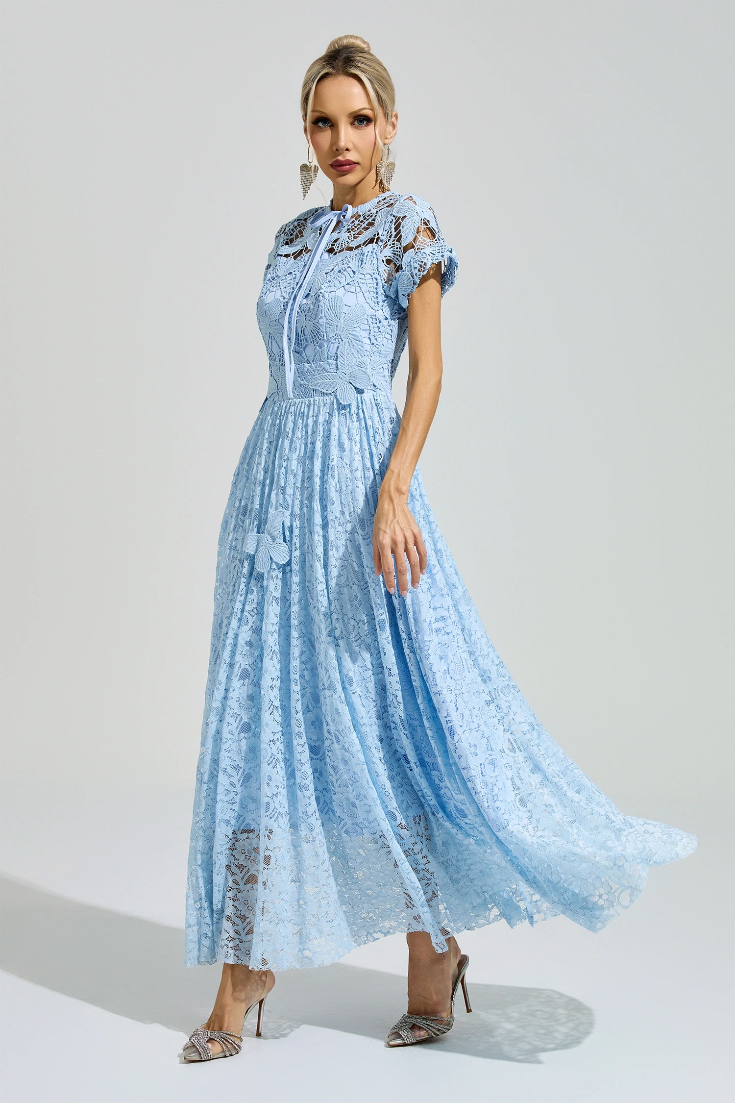 Praevik Blue Lace Floral Maxi Dress