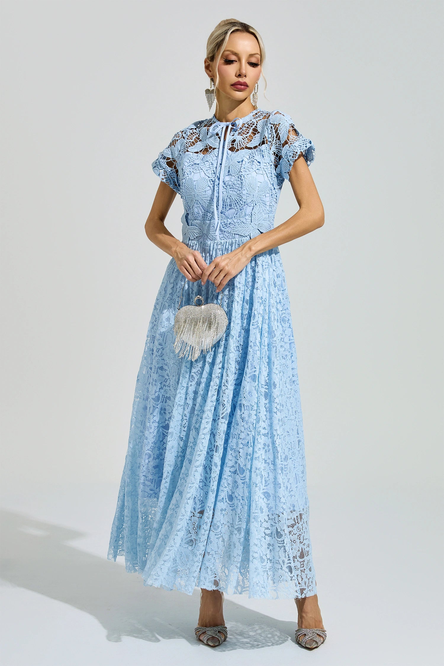 Praevik Blue Lace Floral Maxi Dress