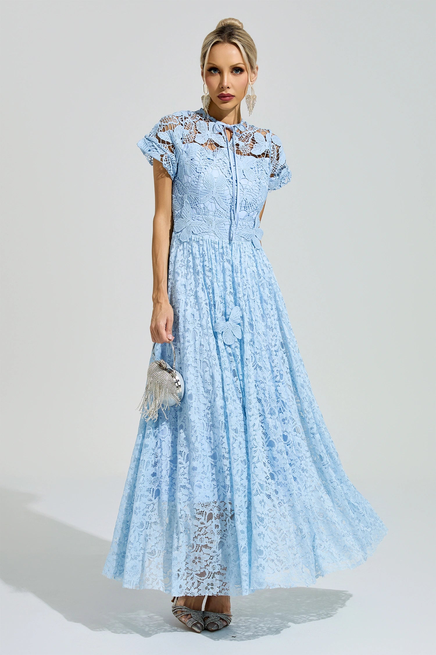 Praevik Blue Lace Floral Maxi Dress