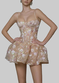 Kaeltrix Floral Sequin Puffy Mini Dress