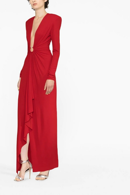 Furly Long Sleeve Ring V-Neck Maxi Dress In Red