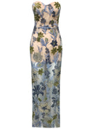 Yvoryth Strapless Sequin Embroidered Floral Maxi Dress In Blue