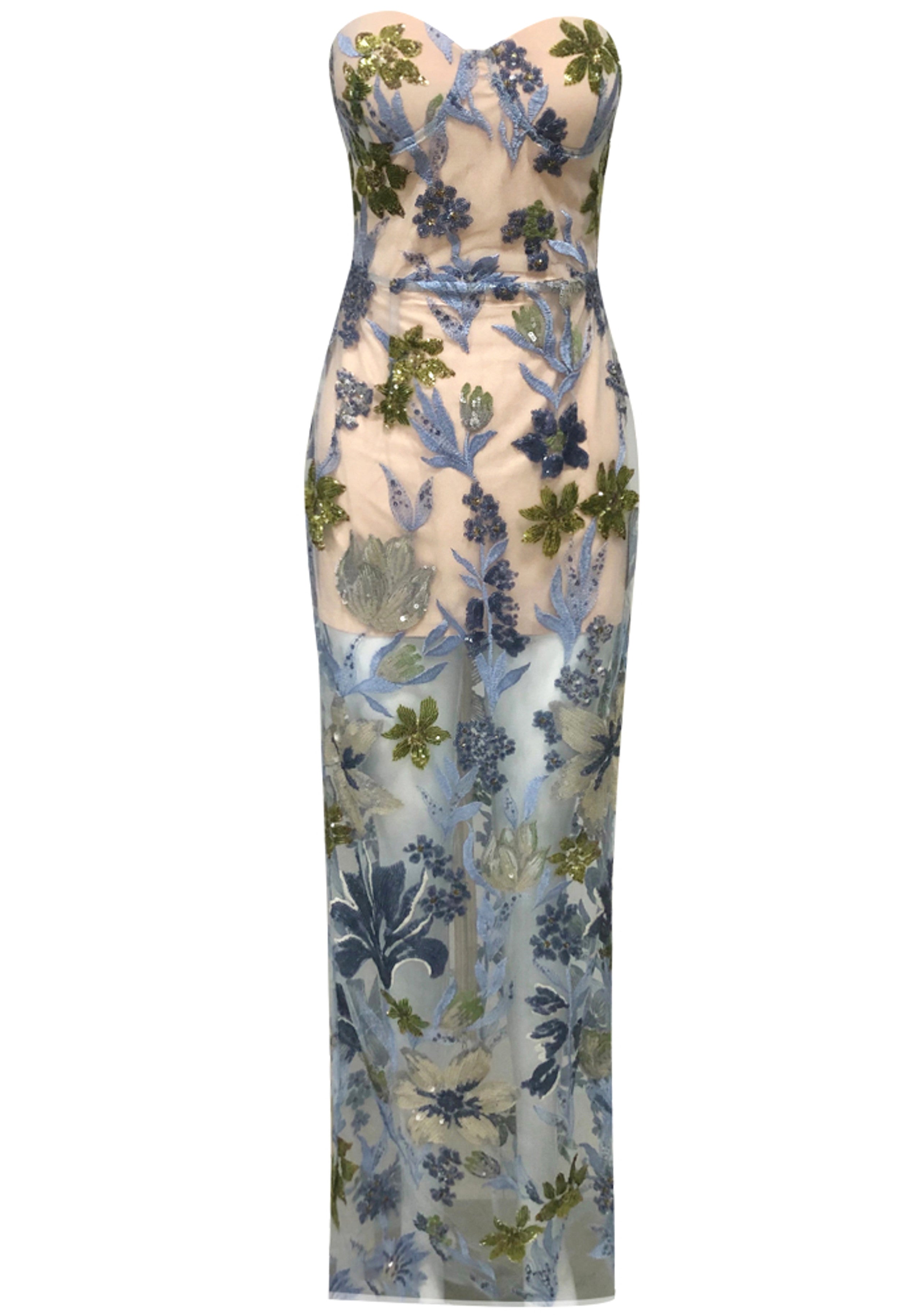 Yvoryth Strapless Sequin Embroidered Floral Maxi Dress In Blue