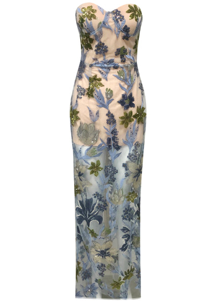 Yvoryth Strapless Sequin Embroidered Floral Maxi Dress In Blue