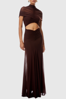 Farrux Draped Mesh A Line Maxi Dress In Brown