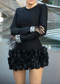 Ainara Crystal Feather Long Sleeve Ruffle Detail Mini Dress In Black