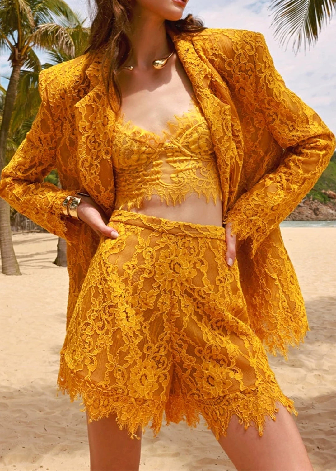 Reegan Lace Three Piece Set In Amber Yellow