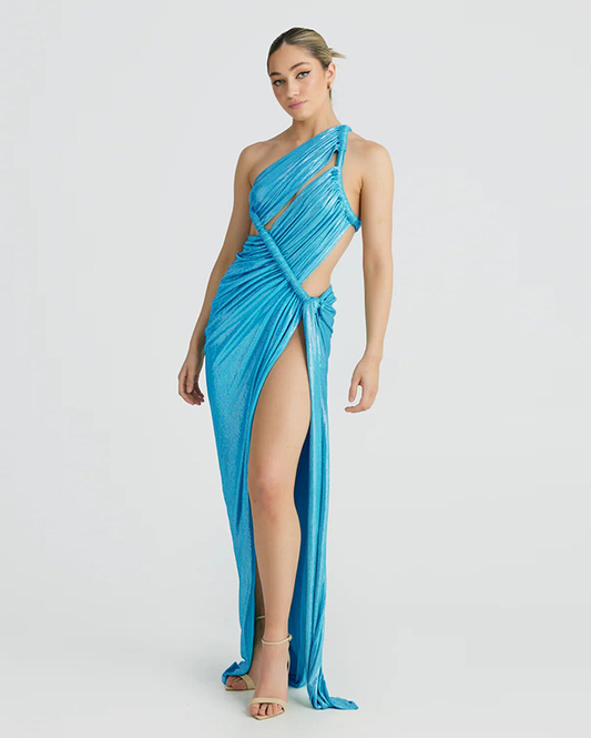 Leviah Halterneck Cutout Backless Maxi Dress In Blue