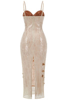 Aitland Leaf Detail Bustier Sequin Lace Maxi Dress In Brown Nude