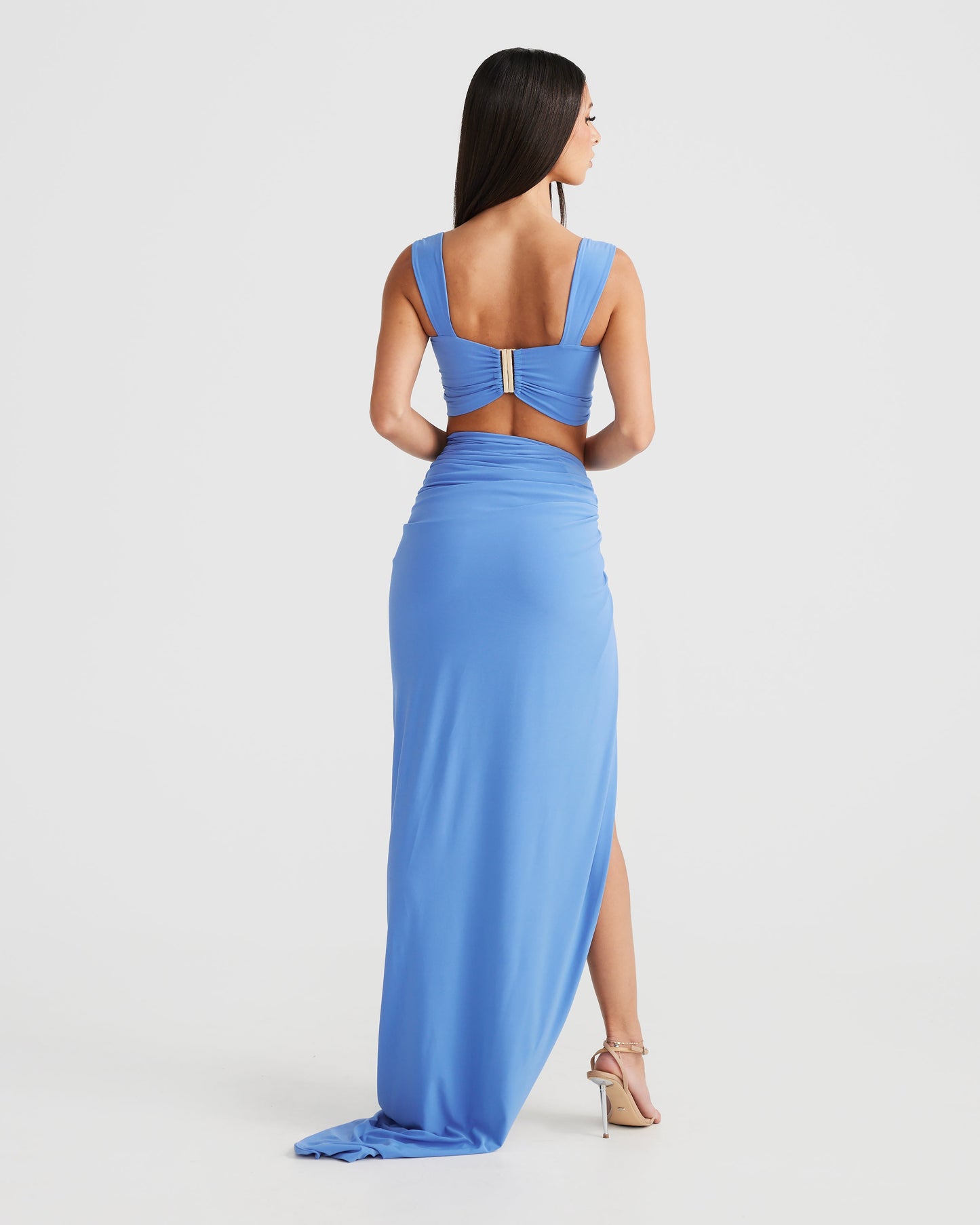 Bandit Strappy Strapless Pleated Slit Skirt Set In Blue