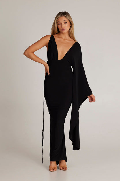 Kajol One Shoulder Sleeve Backless Maxi Dress In Black