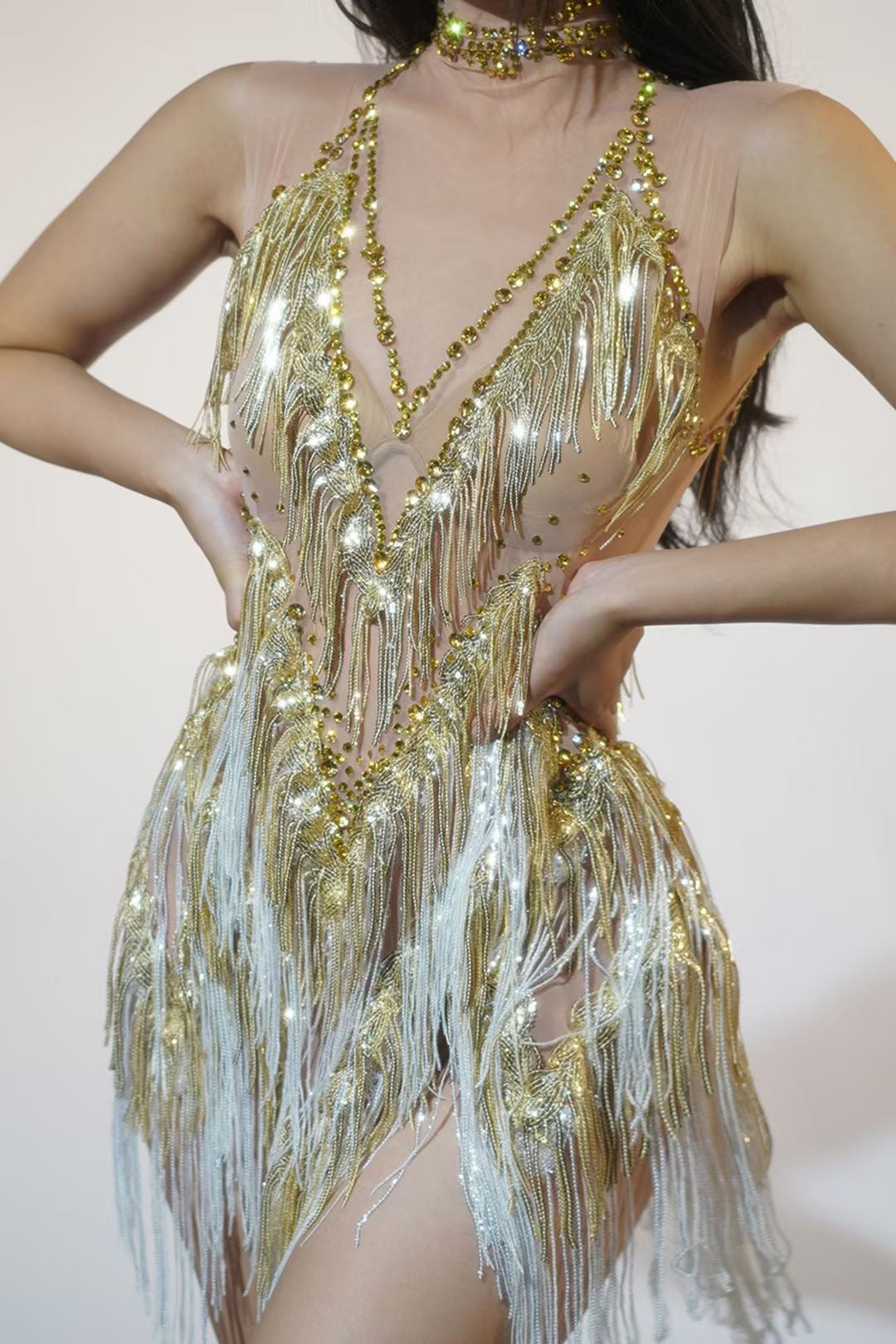 Jelliton Rhinestone Fringe Mesh Mini Bodysuit In Gold
