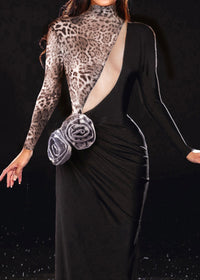 Lyrion Long Sleeve Animal Print Floral Maxi Dress In Black