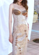 Aitland Leaf Detail Bustier Sequin Lace Maxi Dress In Brown Nude