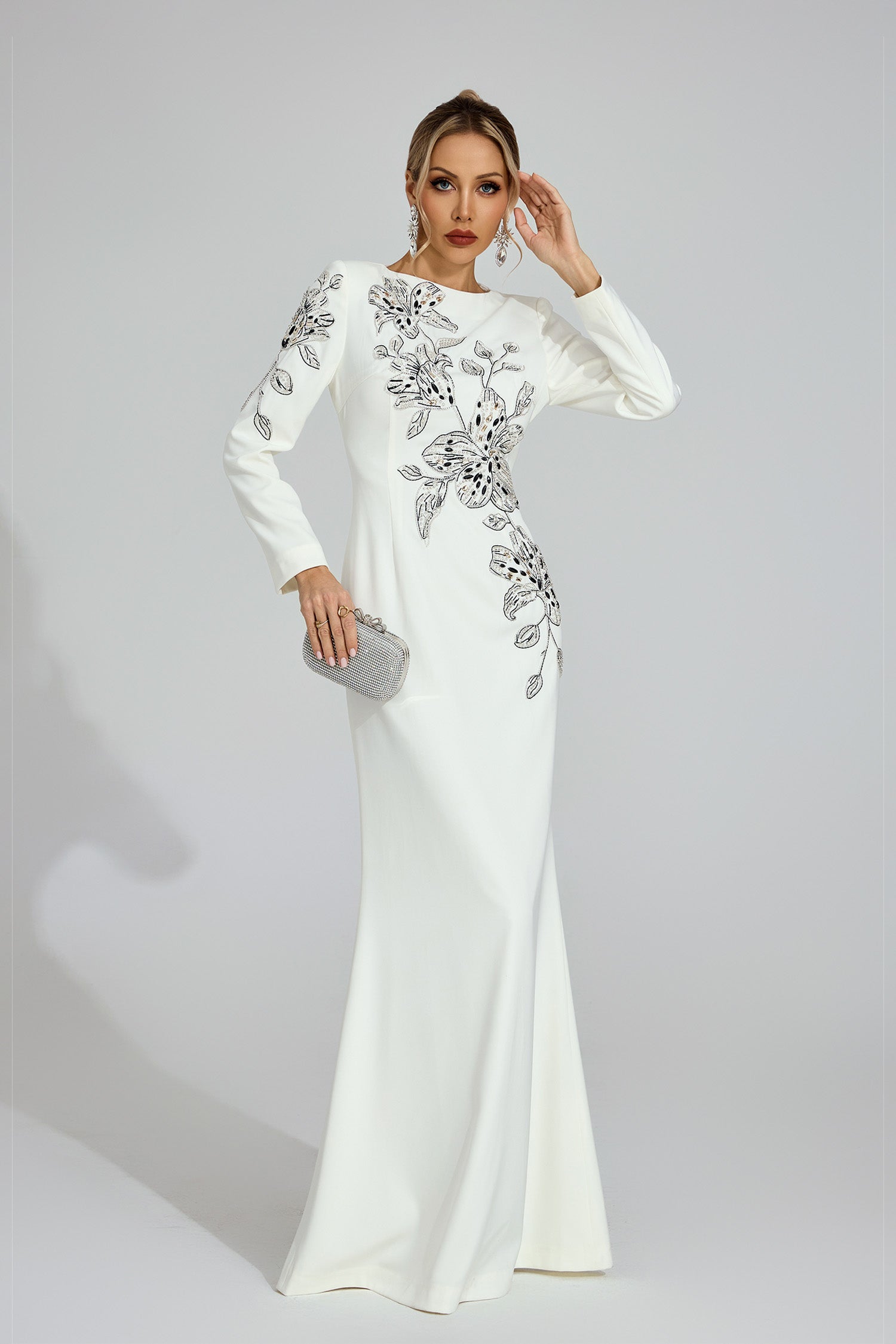 Romaine Long Sleeve Embellished Floral Detail Maxi Dress In White