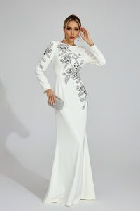 Romaine Long Sleeve Embellished Floral Detail Maxi Dress In White