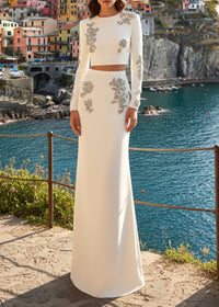 Gyrexa Long Sleeve Crystal Two Piece Maxi Dress In White