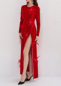 Ruzevich 3D Feather Flower Velvet Maxi Dress In Red