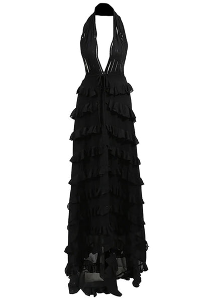 Leonia Halter Ruffle Maxi Dress In Black