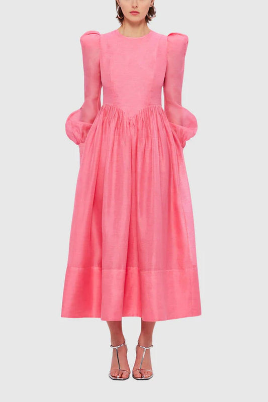 Catesby Lantern Sleeve Round Neck Midi Dress In Pink