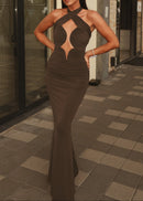 Lithany Halter Ruched Maxi Dress In Brown