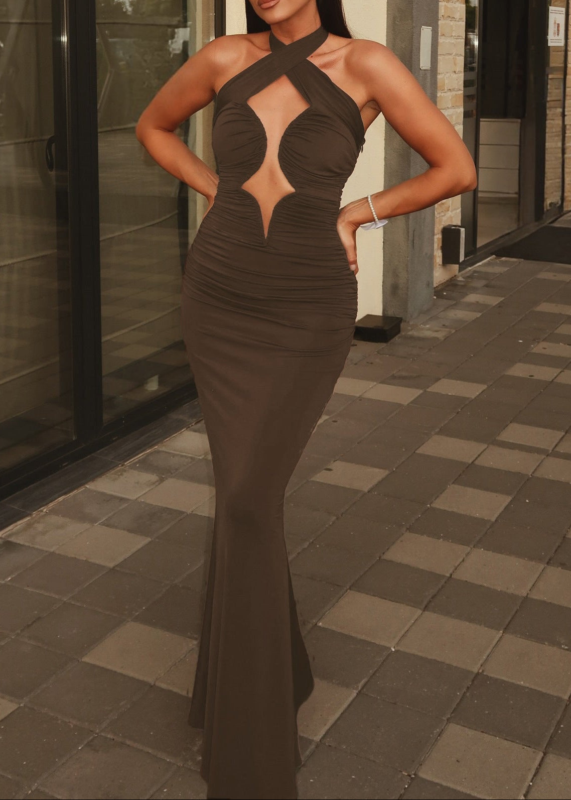 Lithany Halter Ruched Maxi Dress In Brown