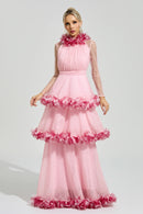 Mydran Pink 3D Floral Maxi Dress