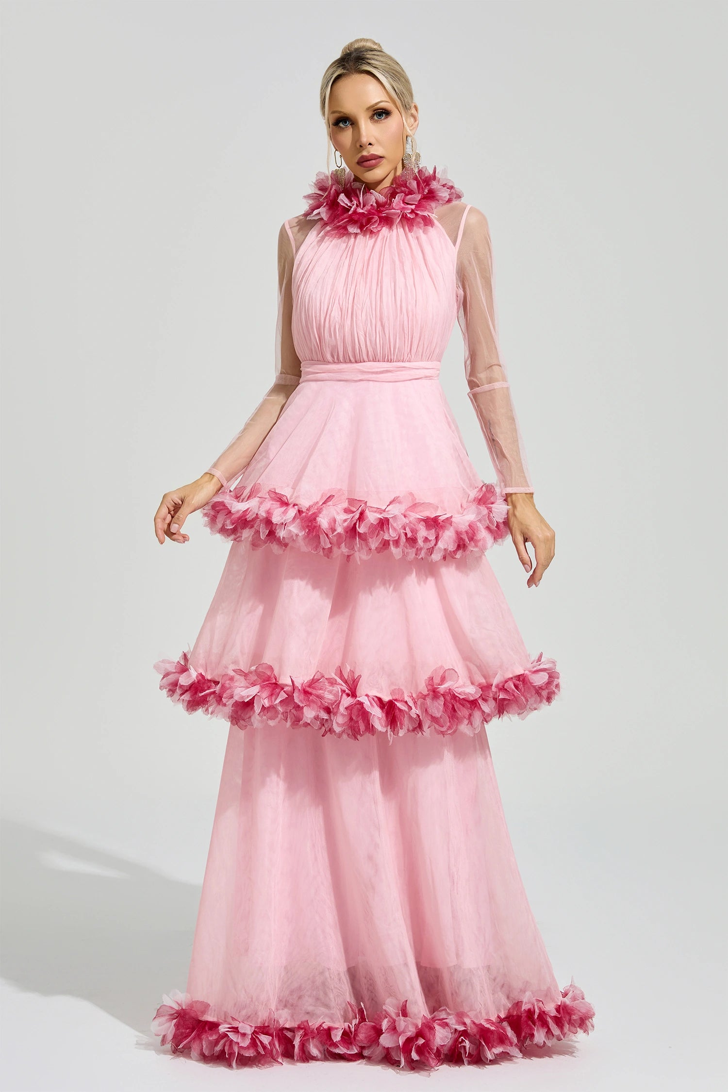 Mydran Pink 3D Floral Maxi Dress