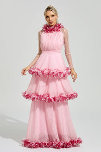 Mydran Pink 3D Floral Maxi Dress