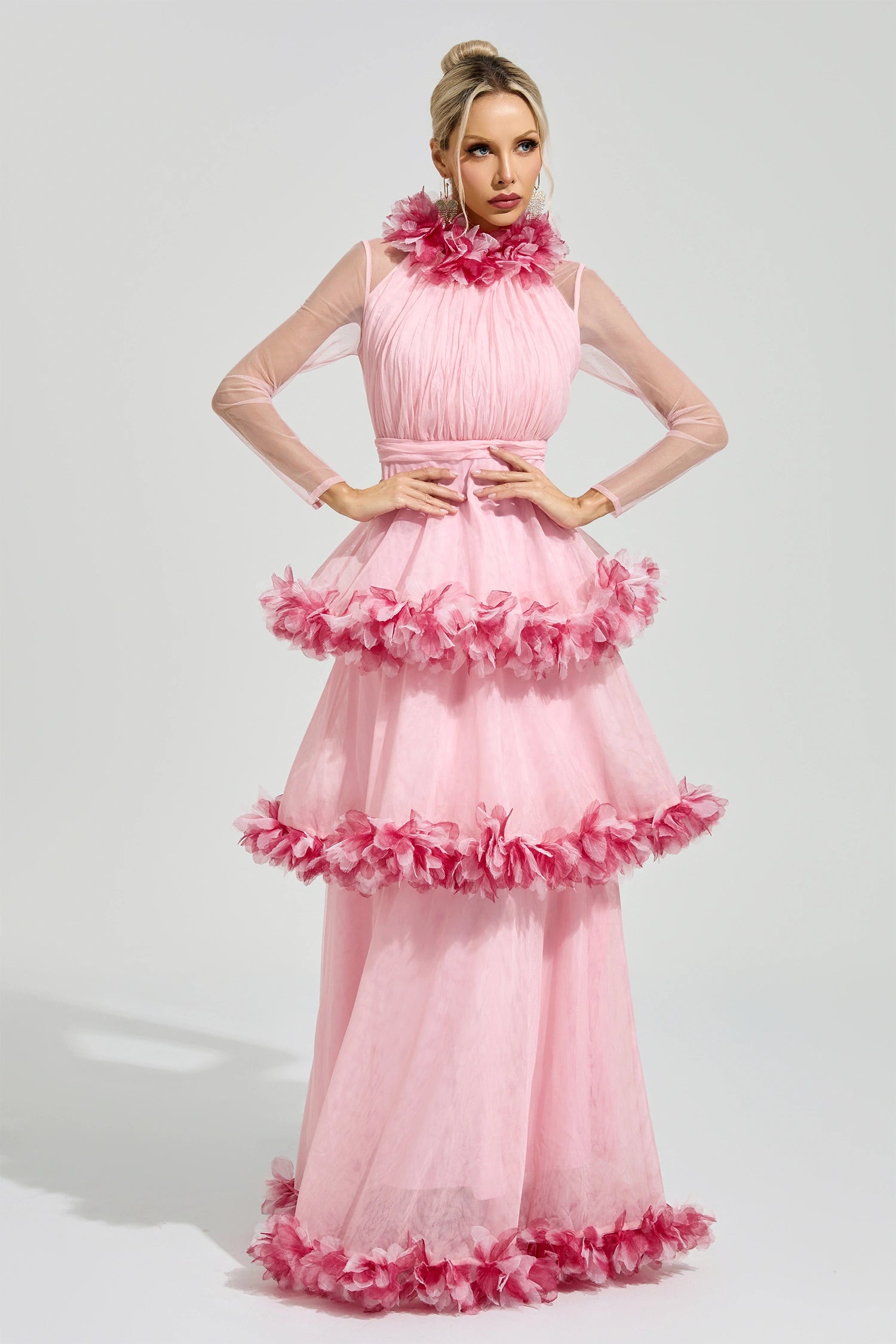 Mydran Pink 3D Floral Maxi Dress