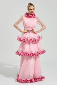 Mydran Pink 3D Floral Maxi Dress