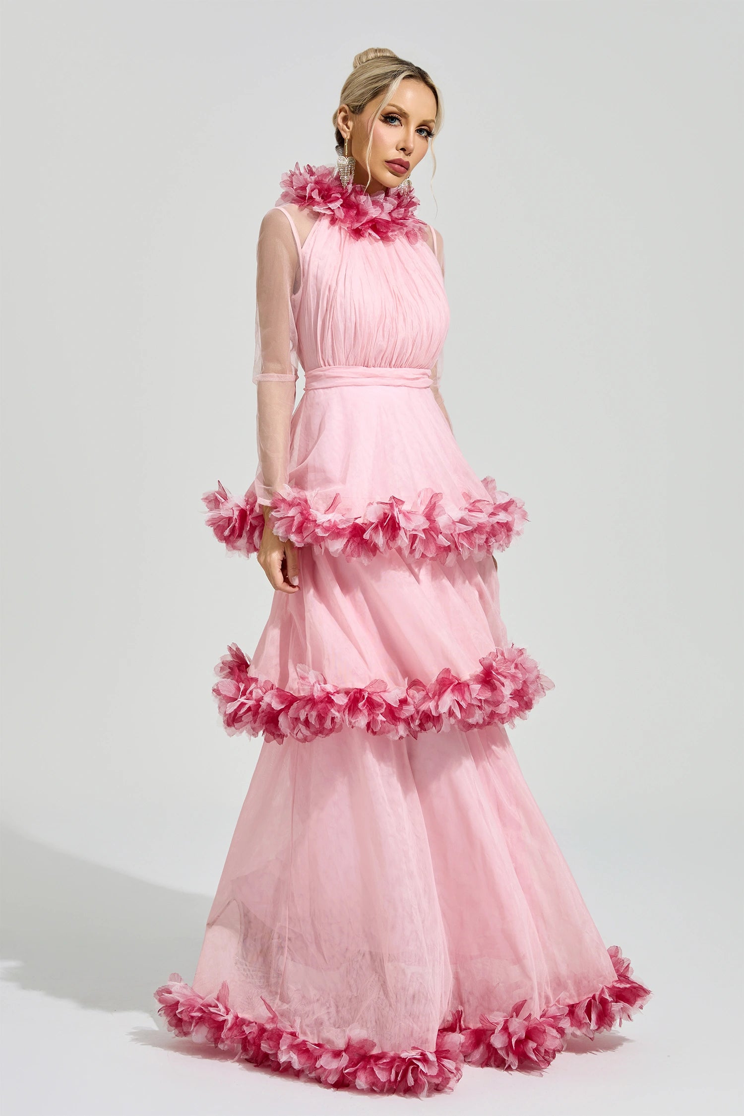 Mydran Pink 3D Floral Maxi Dress