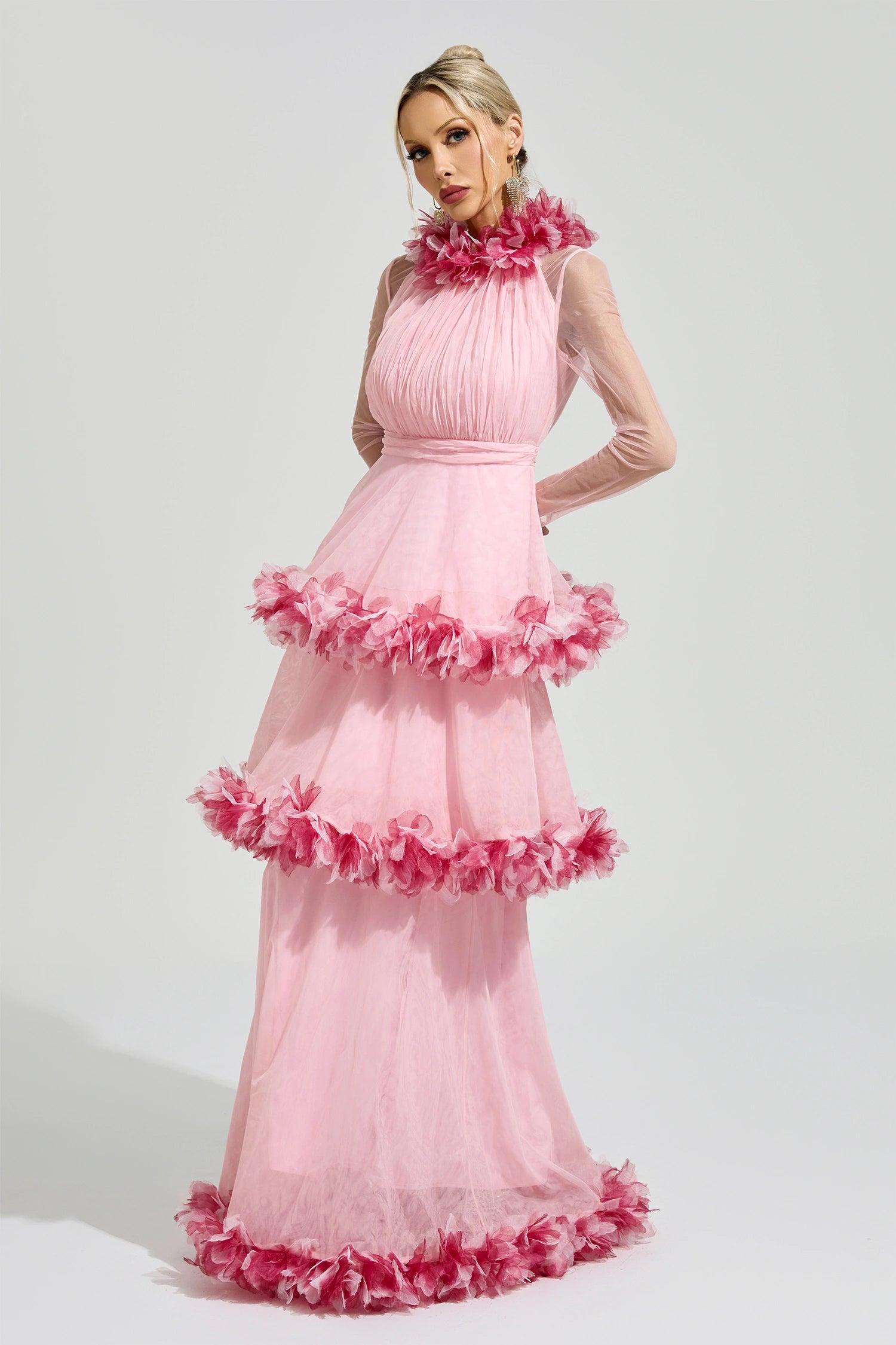 Mydran Pink 3D Floral Maxi Dress