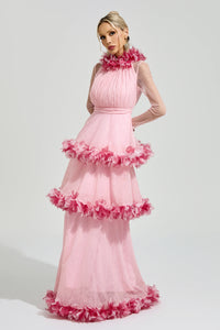 Mydran Pink 3D Floral Maxi Dress