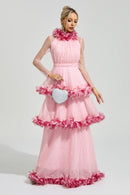 Mydran Pink 3D Floral Maxi Dress