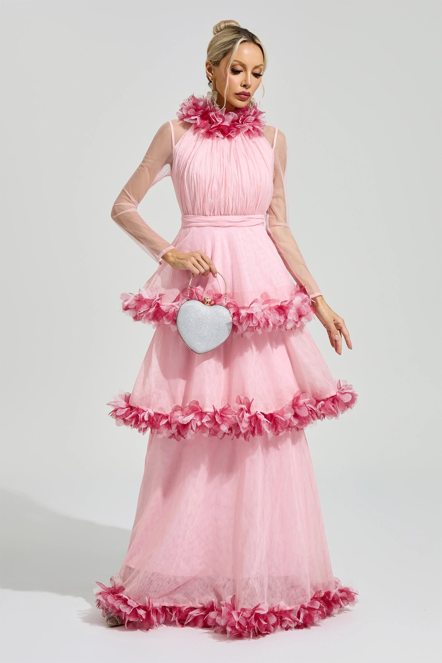 Mydran Pink 3D Floral Maxi Dress