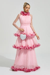 Mydran Pink 3D Floral Maxi Dress