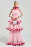 Mydran Pink 3D Floral Maxi Dress