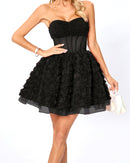 Osorio Strapless 3D Floral A Line Mini Dress In Black